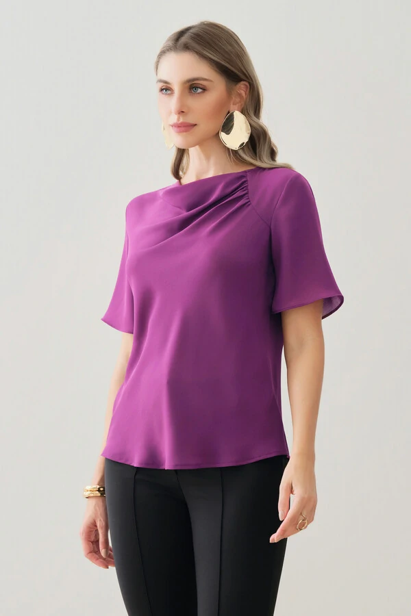 Blusa Assimétrica Manga Evasê Decote Drapeado Ombro Recorte Franzidos