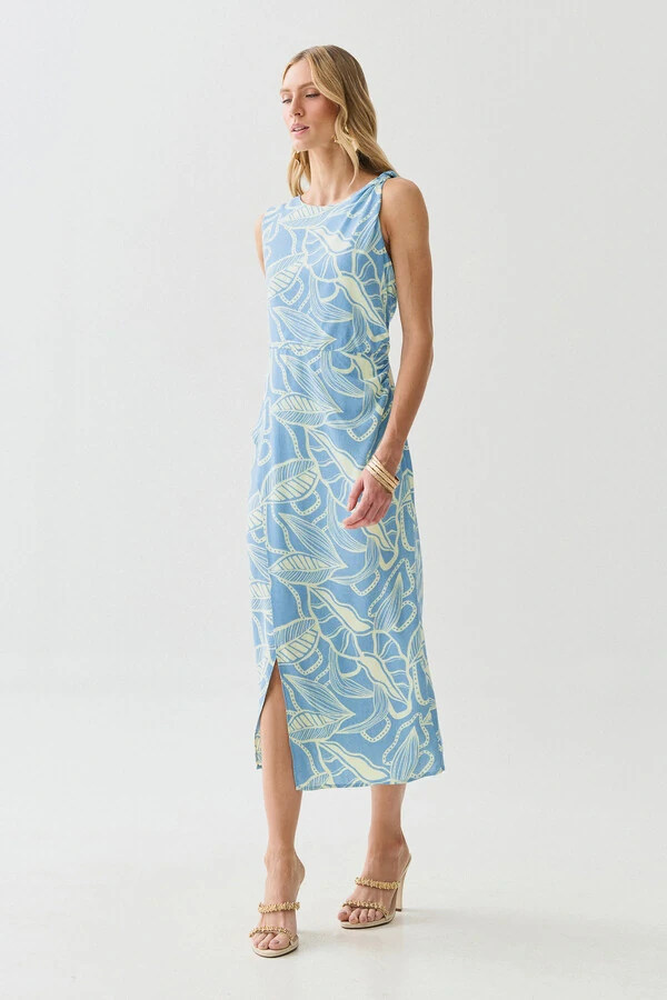 Vestido Midi Regata Assimétrico Transpassado Folhagem Um Ombro Torcido Lateral Franzida