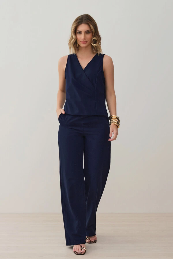 Conjunto de Blusa Regata Transpassada Pregas Triple e Calça Reta