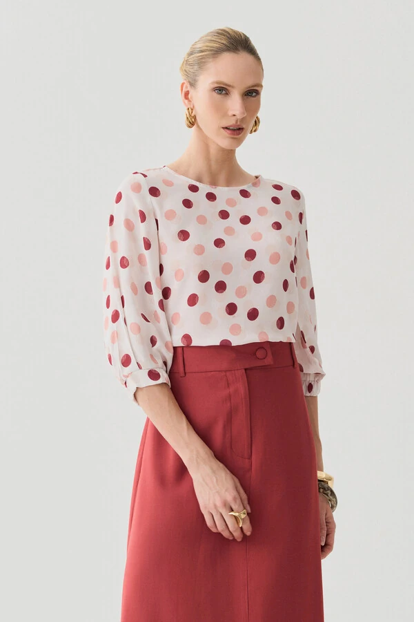 Blusa Poa Manga 3/4 Elástico Pregas