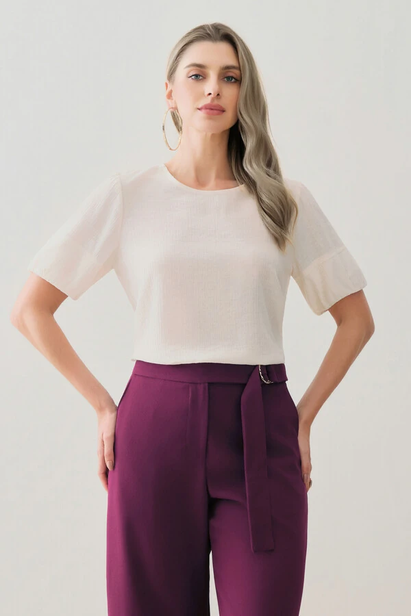 Blusa de Textura Listrada Manga Balonê