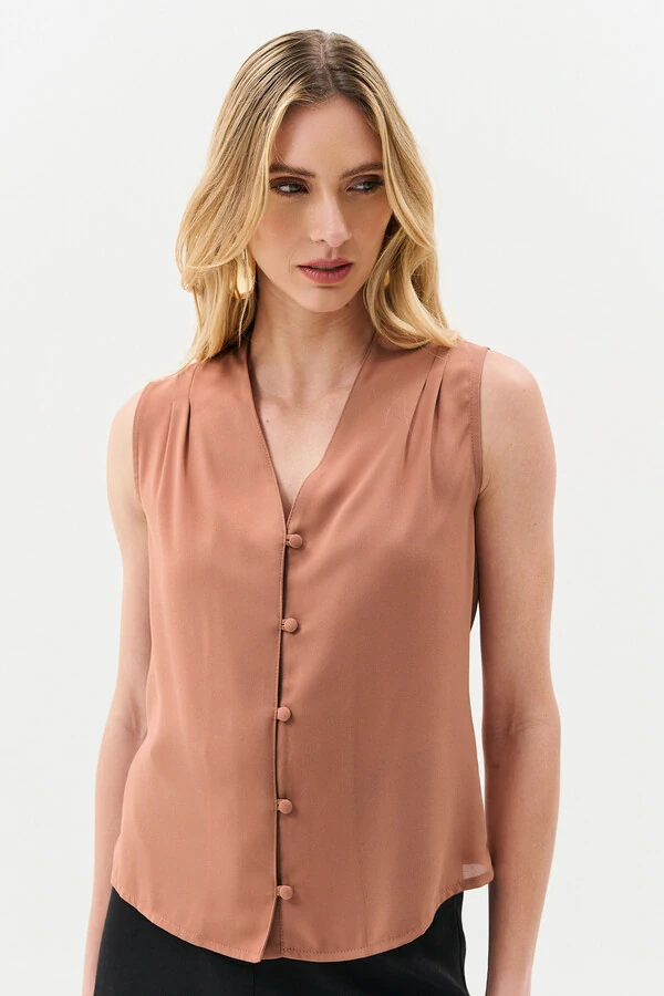 Camisa Regata Decote V Ombro Pregas Double Mini Botões Forrados