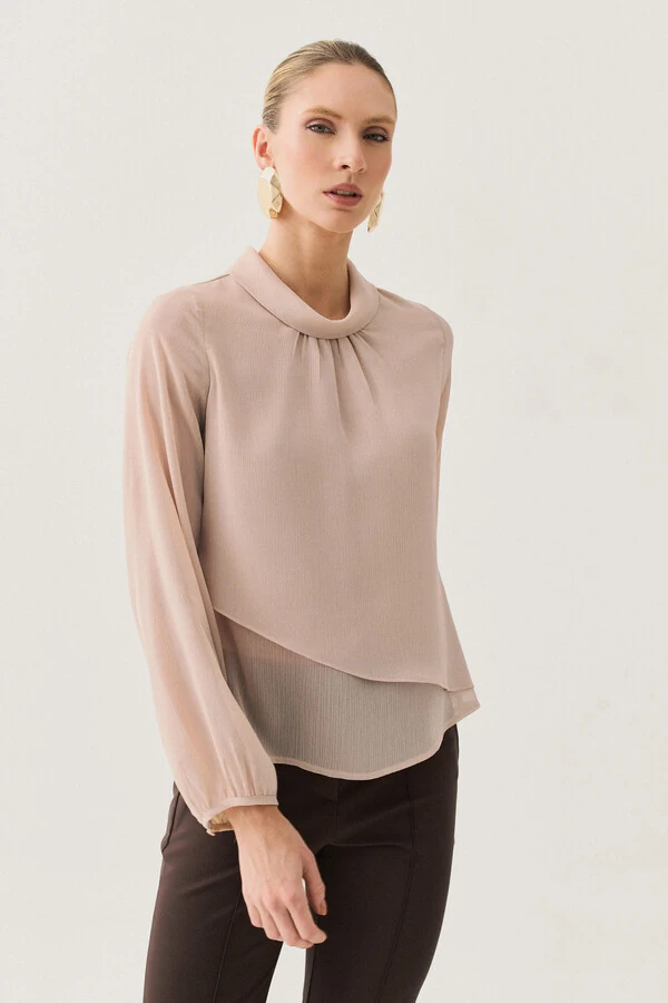 Blusa Dupla Transpassada Assimétrica de Chiffon Yoryu Manga Longa Gola Dobrada