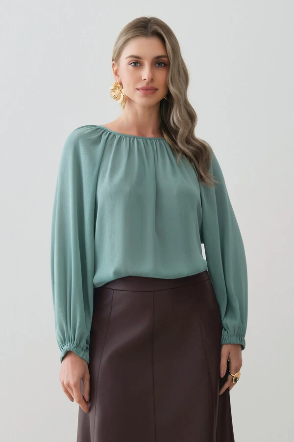 Blusa Assimétrica de Chiffon Yoryu Manga Longa Raglan Ampla Elástico Decote Franzido