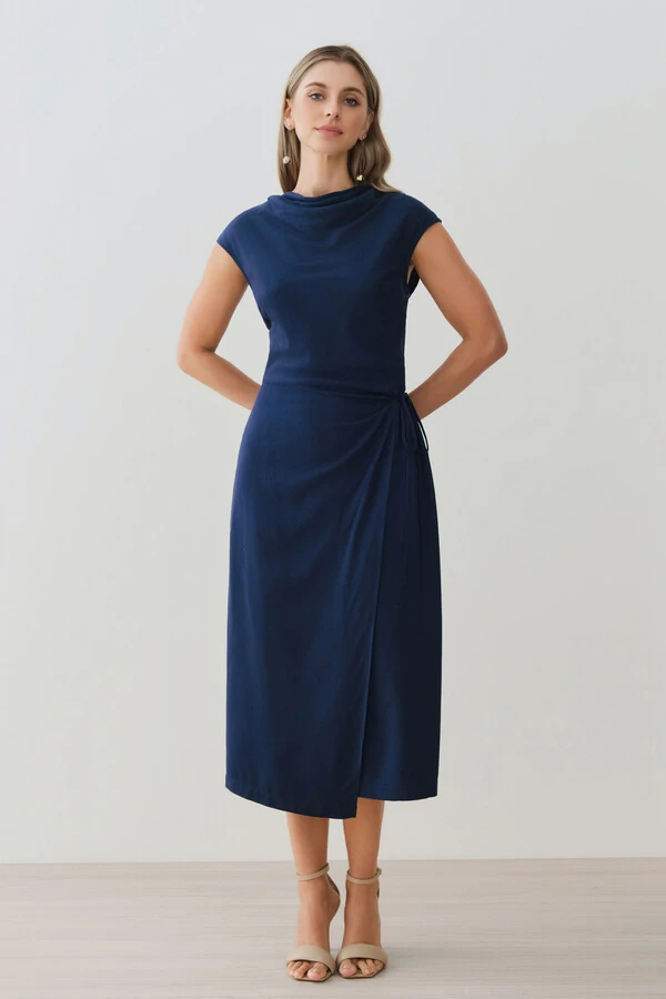 Vestido Midi Regata Transpassado Gola Drapeada Laço Lateral Drapeada