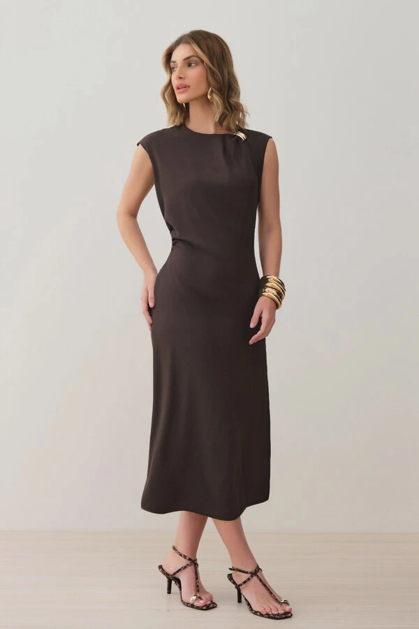 Vestido Midi Regata Assimétrica Decote Pregas Gold