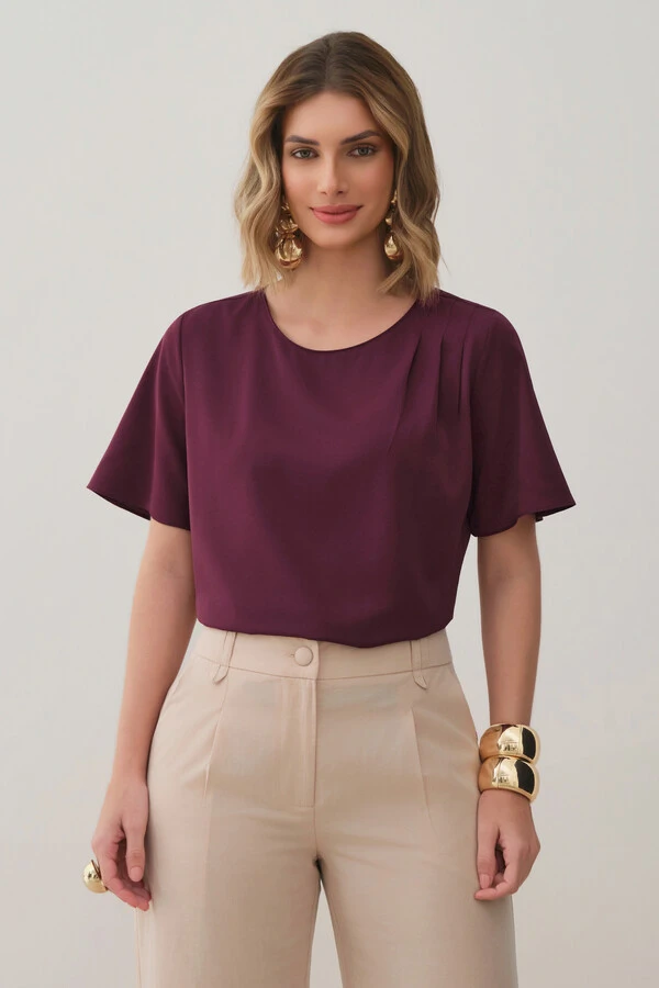 Blusa Assimétrica Pregas Ombro Esquerdo
