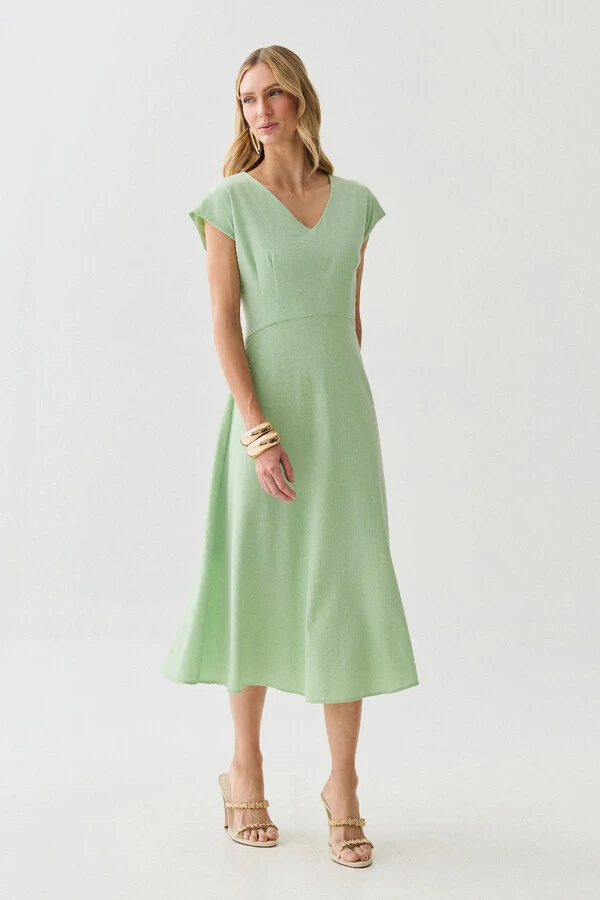 Vestido Midi Evasê Manga Morcego Decote V