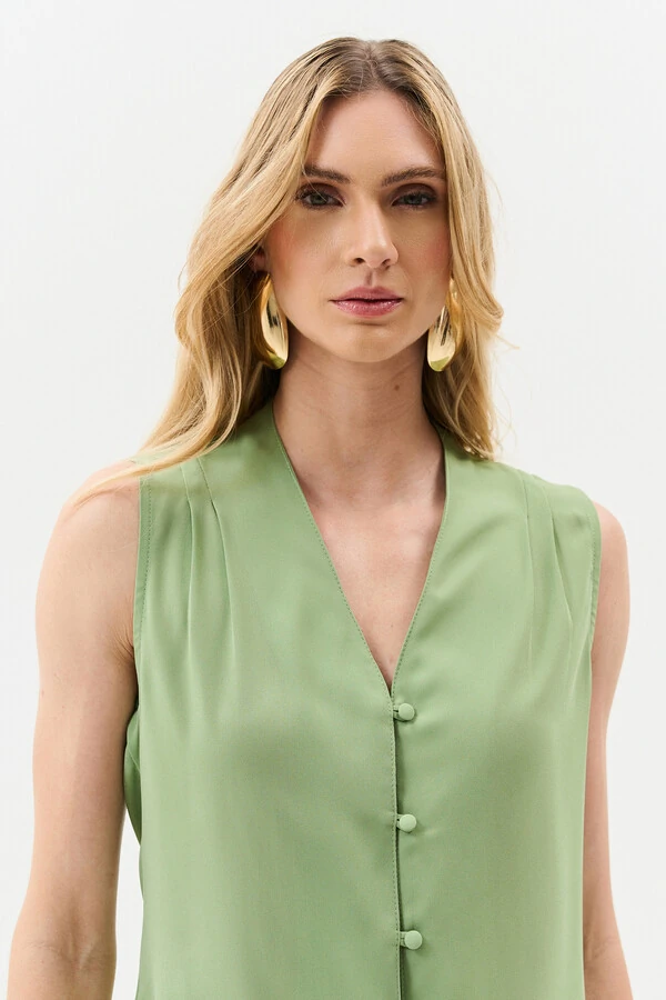 Camisa Regata Decote V Ombro Pregas Double Mini Botões Forrados