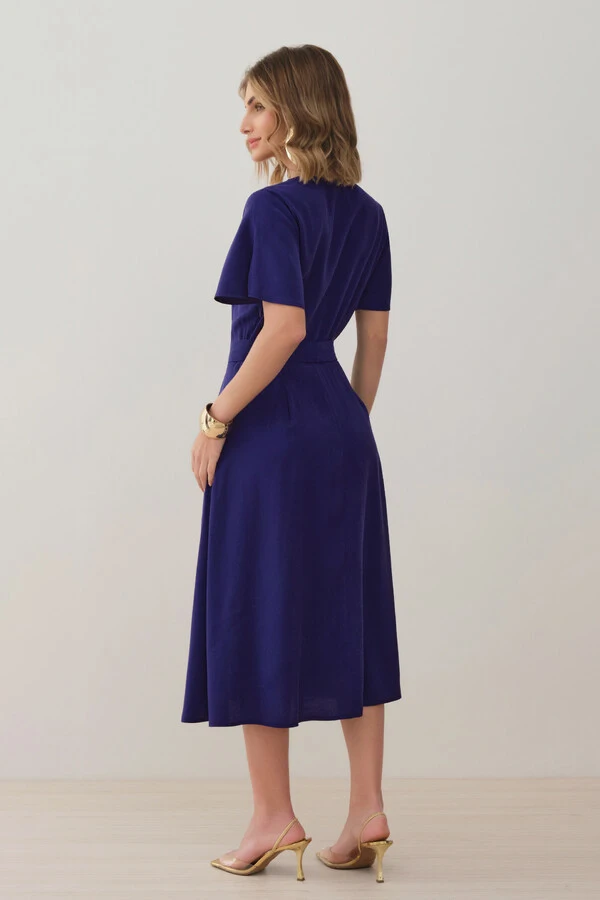 Vestido Midi Evasê Manga Abertura Decote V Cinto