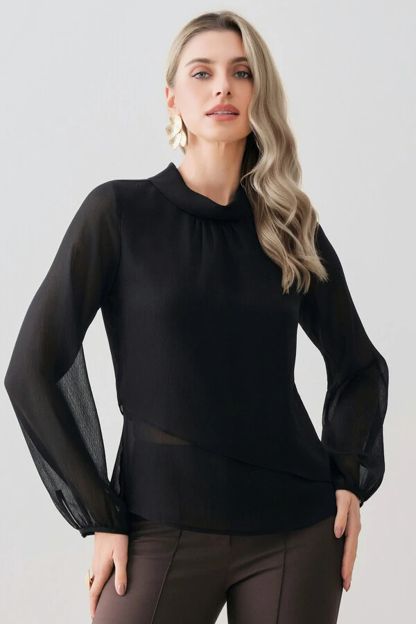 Blusa Dupla Transpassada Assimétrica de Chiffon Yoryu Manga Longa Gola Dobrada
