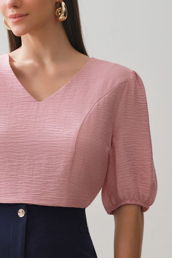 Blusa Manga Elástico Decote V Recortes