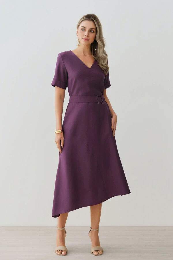 Vestido Midi Evasê Assimétrico Decote V Cinto Gold