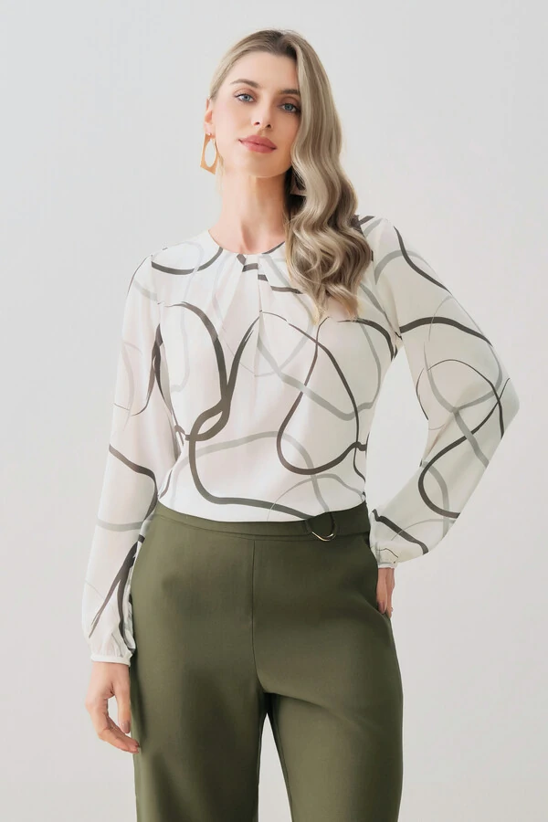 Blusa Abstrata Manga Longa Decote Pregas