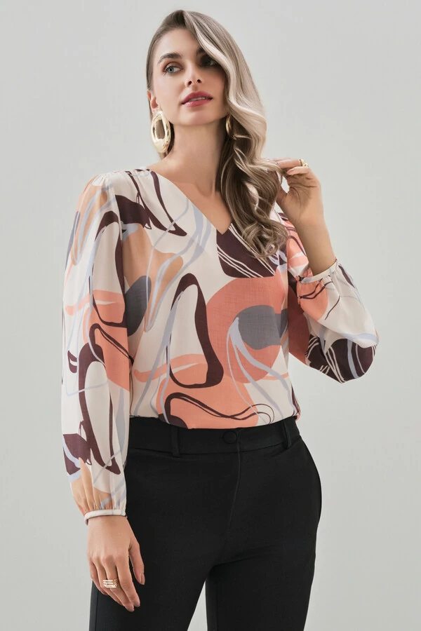 BLUSA ABSTRATA MANGA LONGA DECOTE V