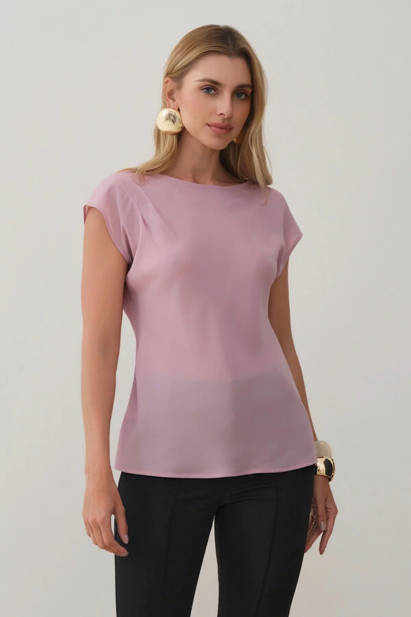 Blusa Assimétrica Drapeada Manga Morcego Ombro Esquerdo Pregas Double