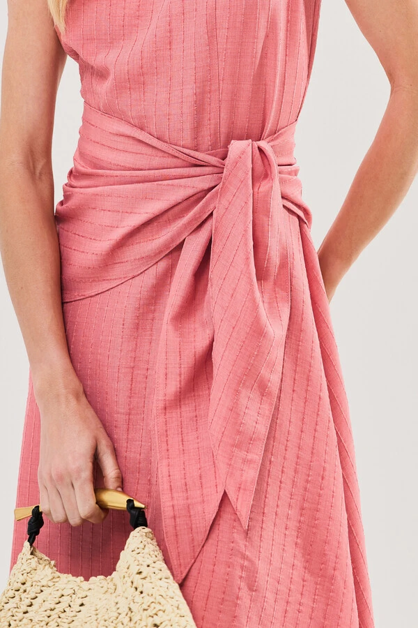 Vestido Midi Regata de Textrua Listrada Cintura Faixa Franzida