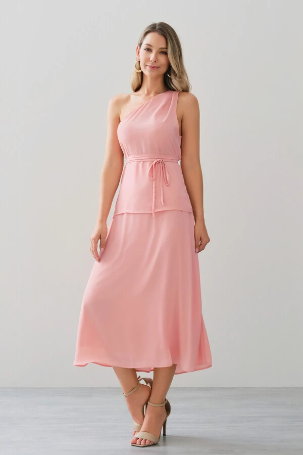 Conjunto de Blusa Regata Assimétrica Um Ombro Só Prega Cinto e Saia Midi