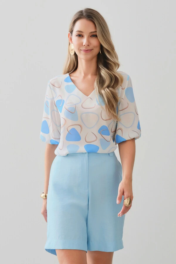 Blusa Abstrata Triângulo Manga 3/4 Elástico Decote V