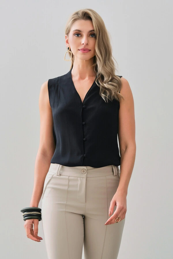 Camisa Regata Decote V Ombro Pregas Double Mini Botões Forrados