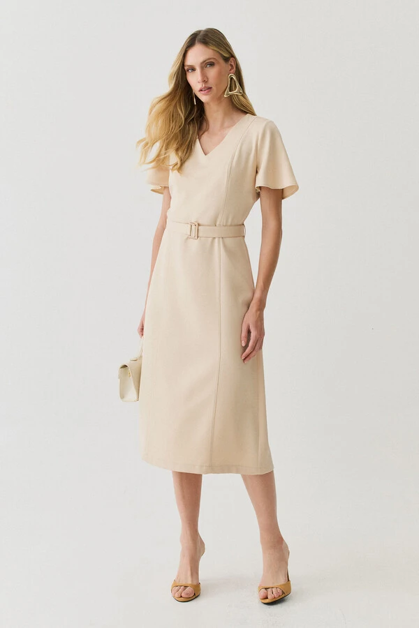 Vestsido Midi Decote V Cinto Fivela Gold
