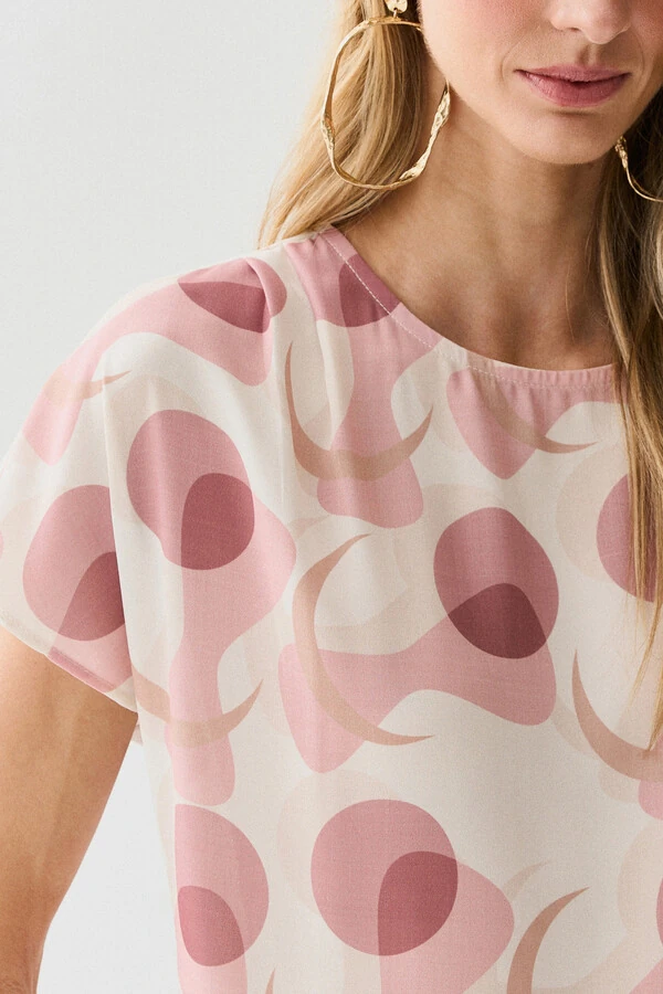 Blusa Abstrata Manga Morcego Ombro Pregas Double