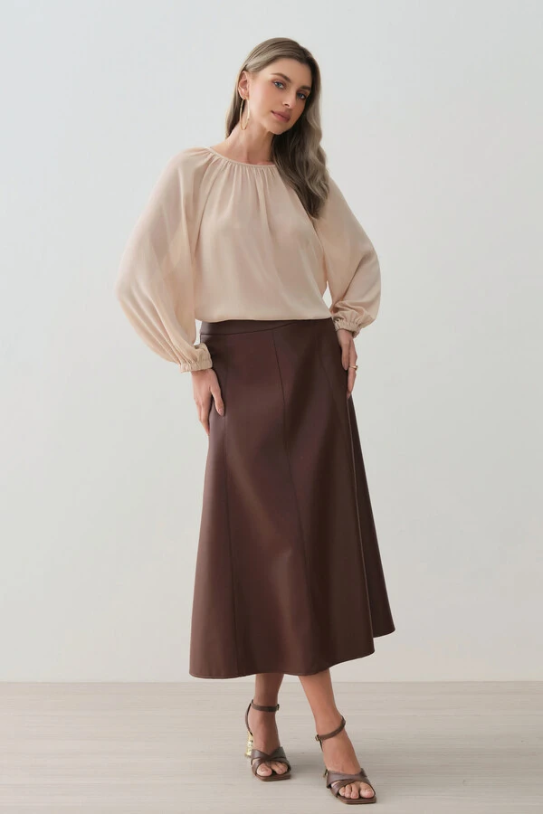 Blusa Assimétrica de Chiffon Yoryu Manga Longa Raglan Ampla Elástico Decote Franzido