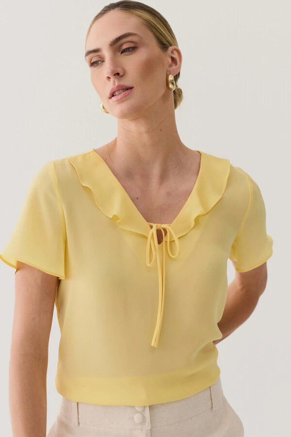 Blusa Decote V Babado Laço