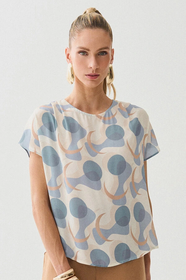 Blusa Abstrata Manga Morcego Ombro Pregas Double