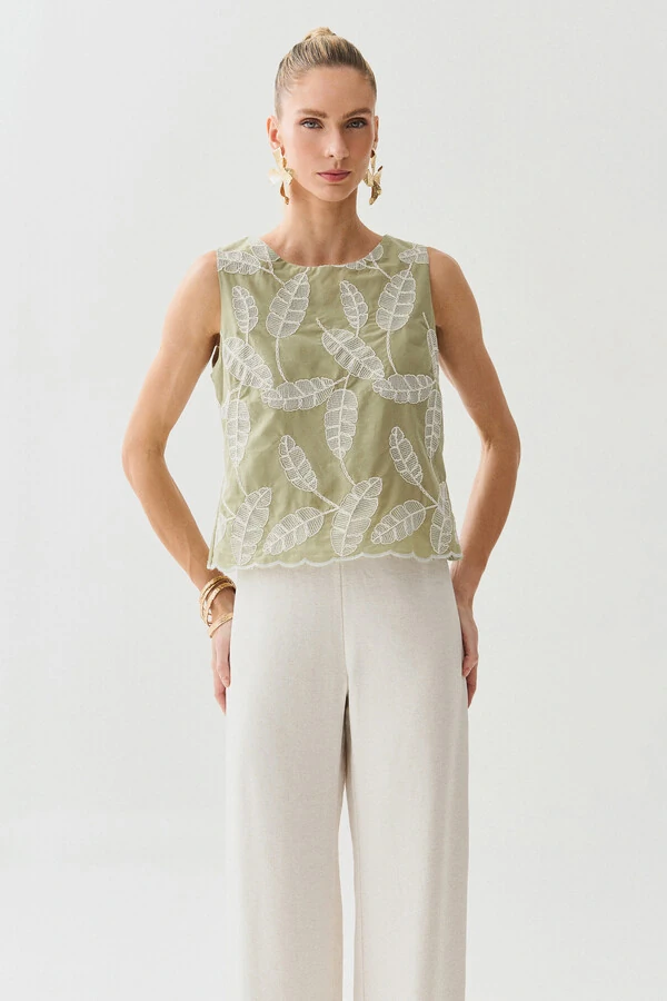 Regata de Algodão Bordado Folhagem Barrada