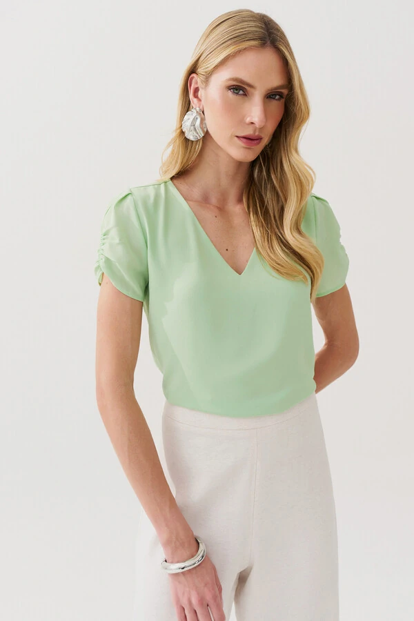 Blusa Manga Franzida Elástico Decote V