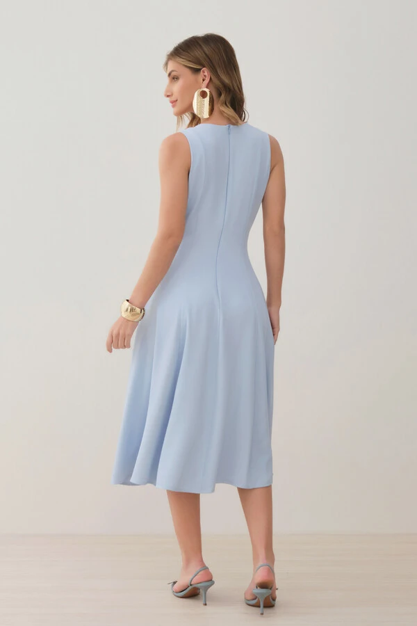 Vestido Midi Evasê Regata Assimétrico Pregas Ombro Esquerdo Gold