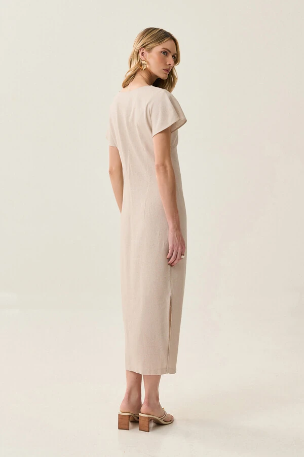 Vestido Midi Assimétrico de Linho Manga Morcego Decote V Lateral Pregas