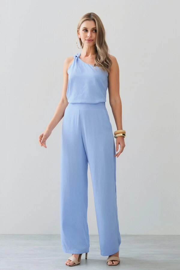 Conjunto de Blusa Regata Assimétrica Um Ombro Só Torcido e Calça Reta