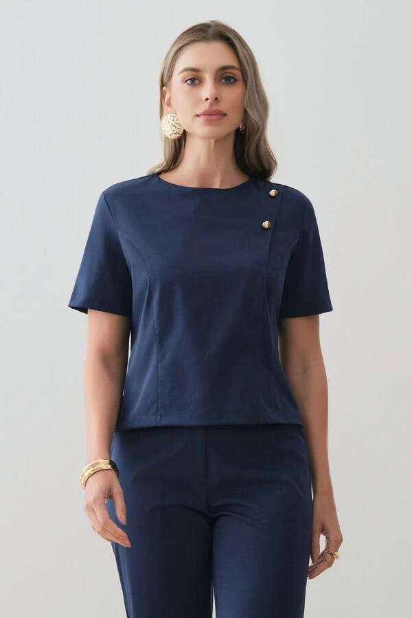 Conjunto de Alfaiataria de Blusa Crop Assimétrica Ombro Esquerdo Prega Gold Double e Calça Reta