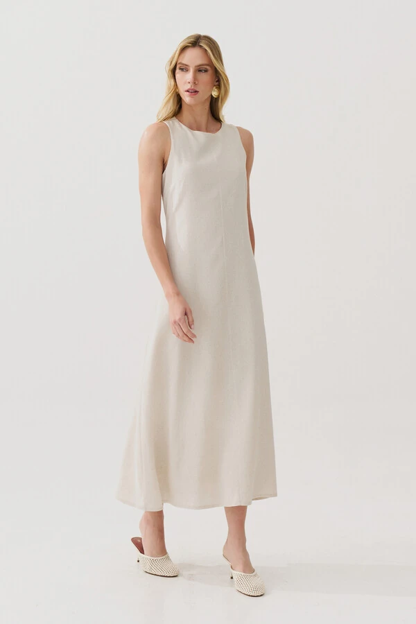 Vestido Midi Regata de Linho Recorte