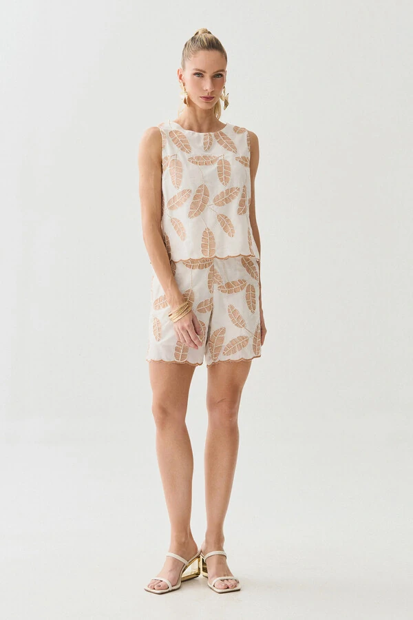 Conjunto de Algodão Bordado Folhagem de Blusa Regata Barrada e Shorts Barrado