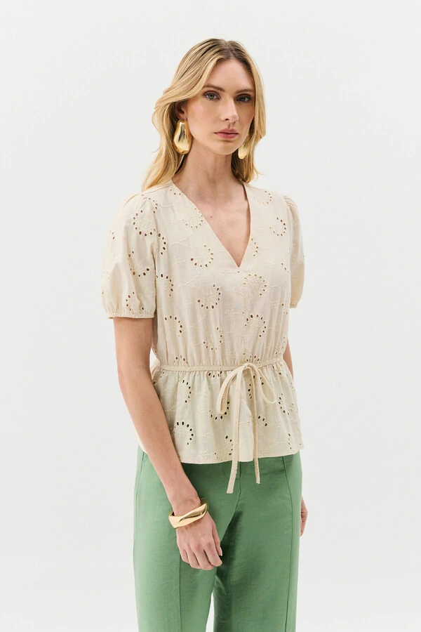 Blusa de Laise de Algodão Manga Bufante Elástico Decote V Cintura Elástico Laço