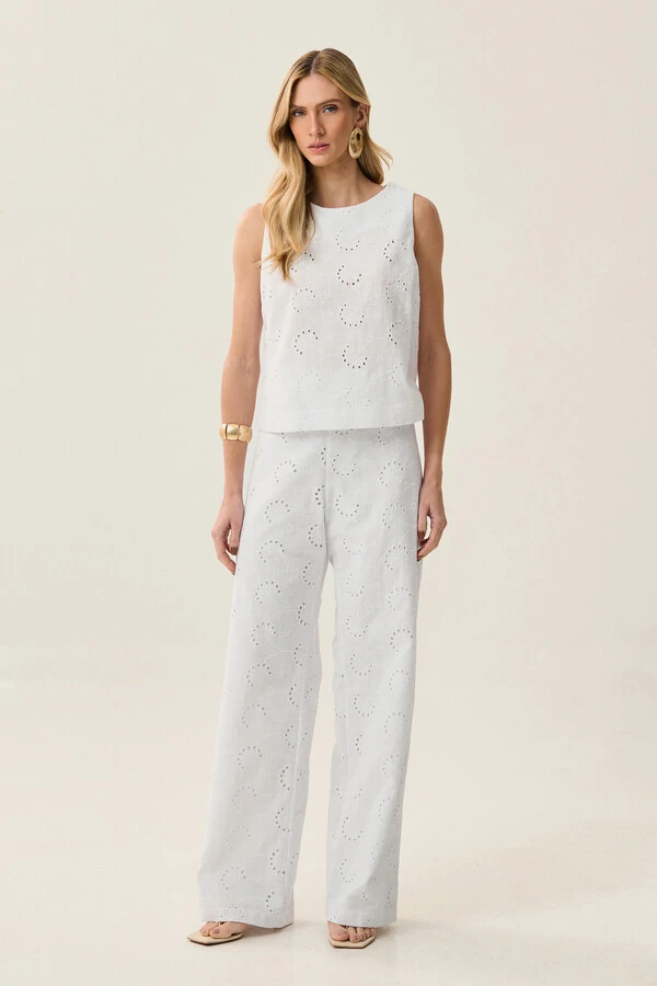 Conjunto de Laise de Algodão de Blusa regata Crop e Calça Reta