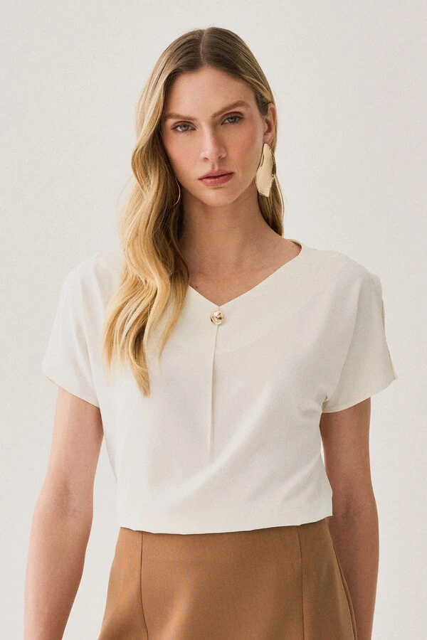 Blusa Manga Morcego Abertura Decote V Prega Gold