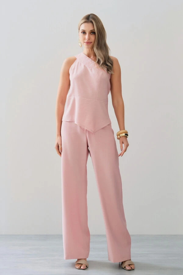 Conjunto de Blusa Regata Assimétrica Um Ombro Só Recorte Cintura e Calça Wide Leg Botão Forrado