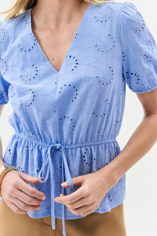 Blusa de Laise de Algodão Manga Bufante Elástico Decote V Cintura Elástico Laço