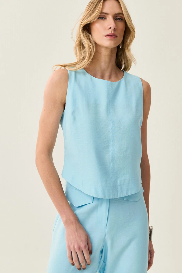 Conjunto de Alfaiataria de Blusa Regata Crop Recorte Calça Reta Aba Botões Forrados Double