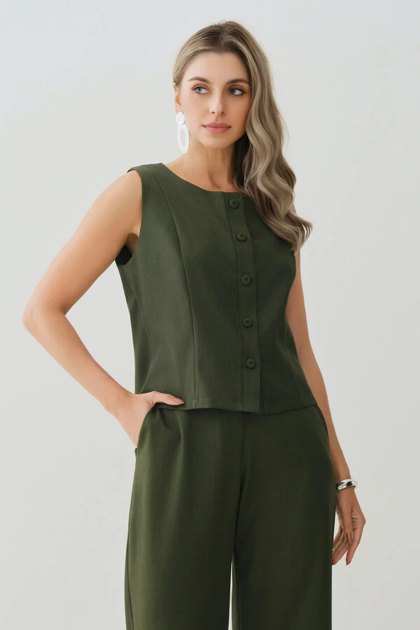 Conjunto de Alfaitaria Colete e Calça Reta Botões Forrados