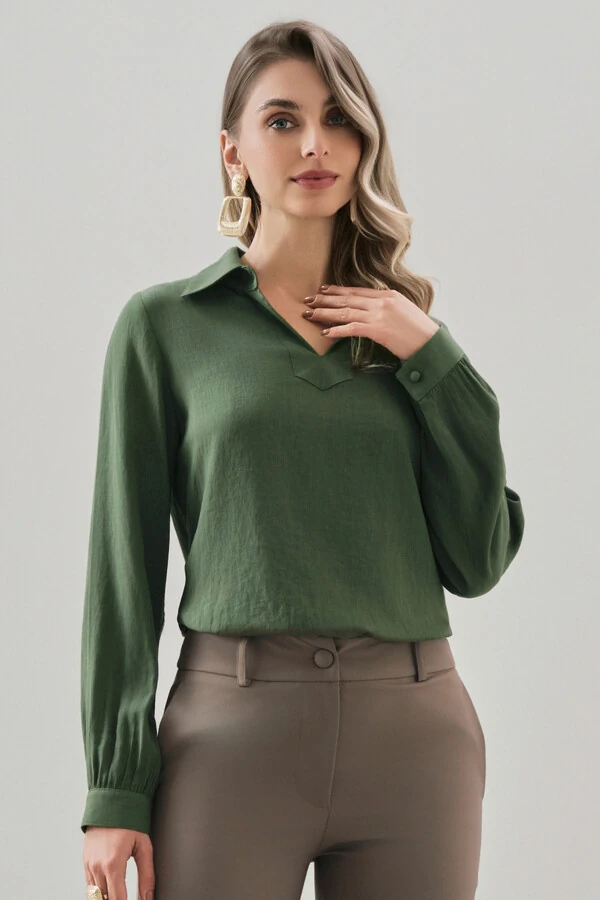 BLUSA MANGA LONGA PUNHO GOLA POLO DECOTE V