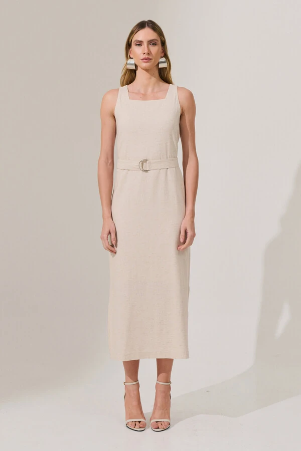 Vestido Midi Regata de Linho Decote Quadrado Fendas Laterais Cinto Fivela