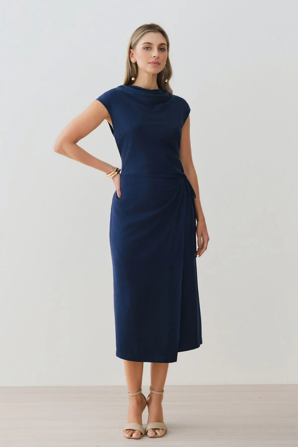 Vestido Midi Regata Transpassado Gola Drapeada Laço Lateral Drapeada