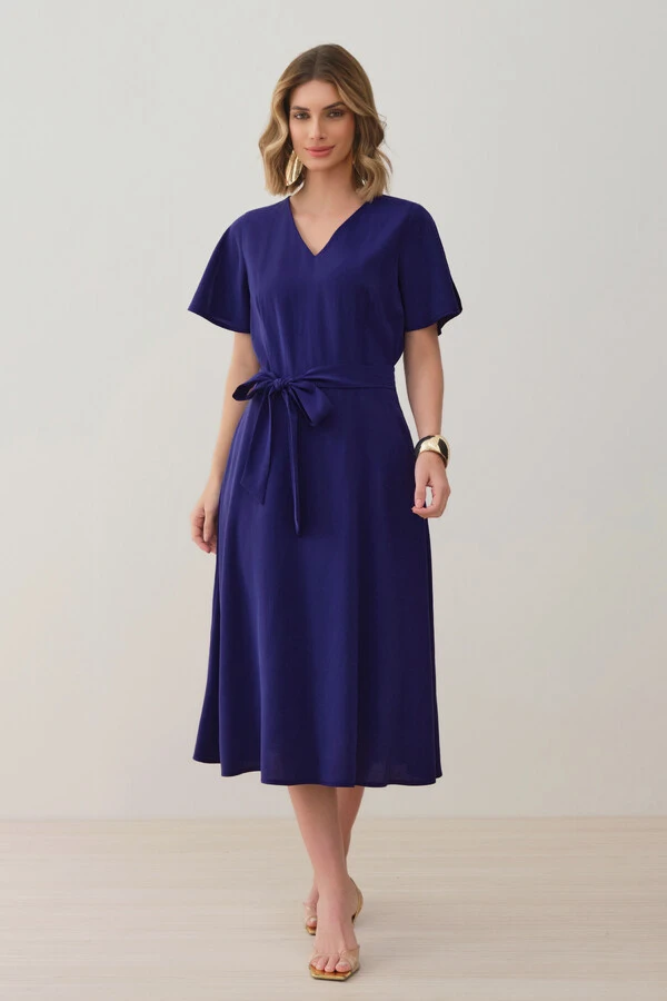 Vestido Midi Evasê Manga Abertura Decote V Cinto