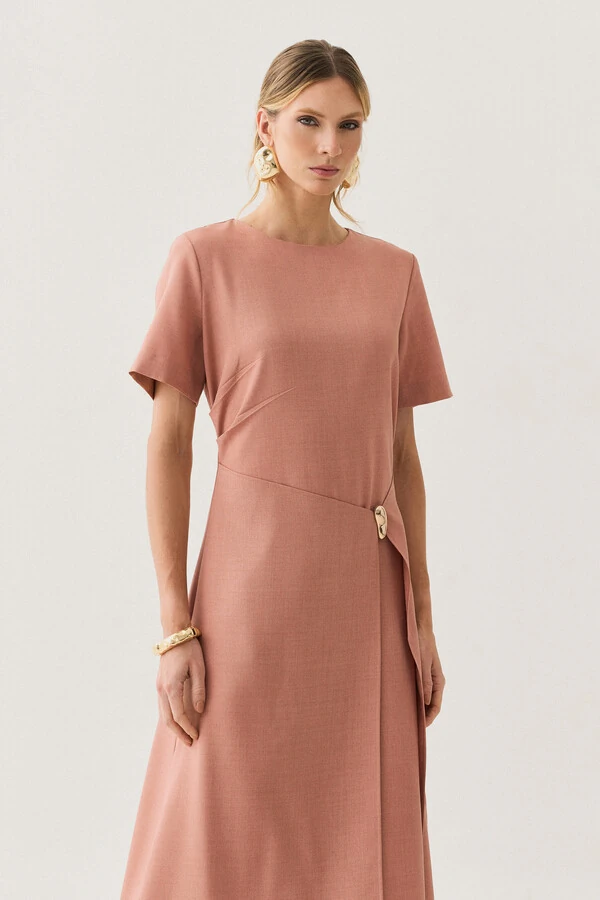 Vestido Midi de Alfaiataria Assimétrico Transpassado Pregas Gold