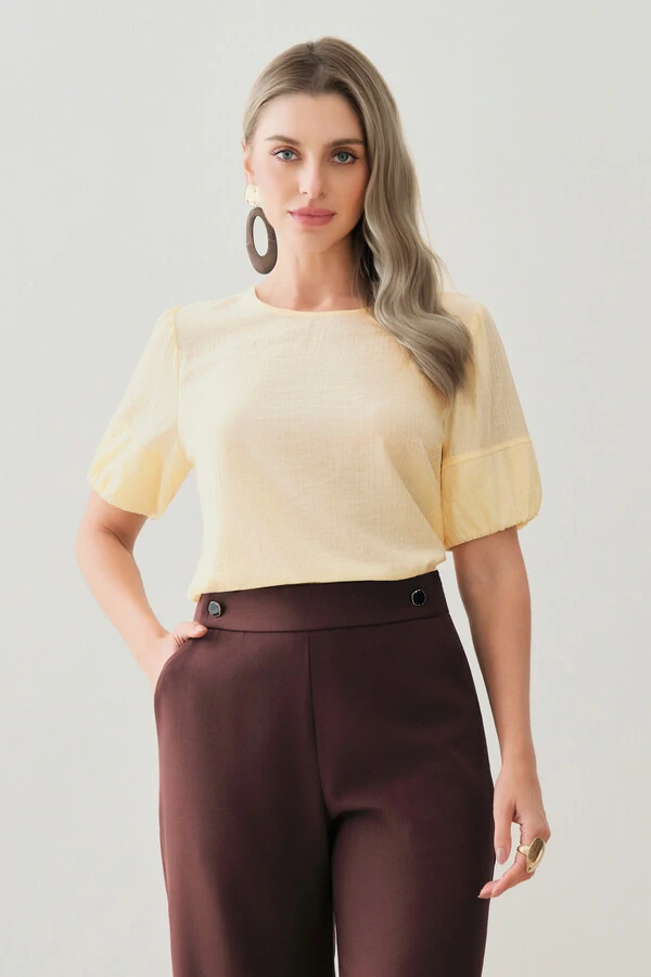 Blusa de Textura Listrada Manga Balonê